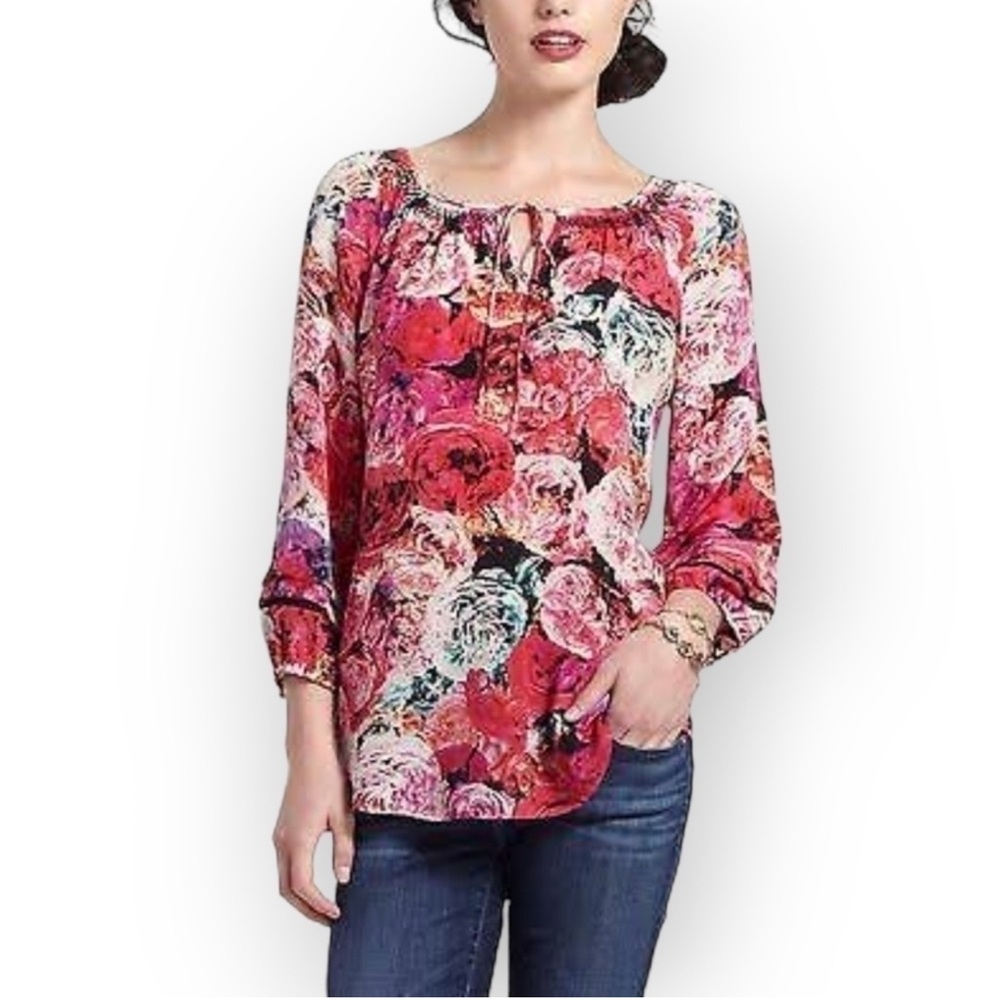 Anthropologie Vanessa Virginia Pink Red Silk Peony Floral Print Top Blouse